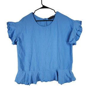 Context Linen Peplum Top Blouse sz M Women Blue Flutter Sleeves Cottage‎ Coastal